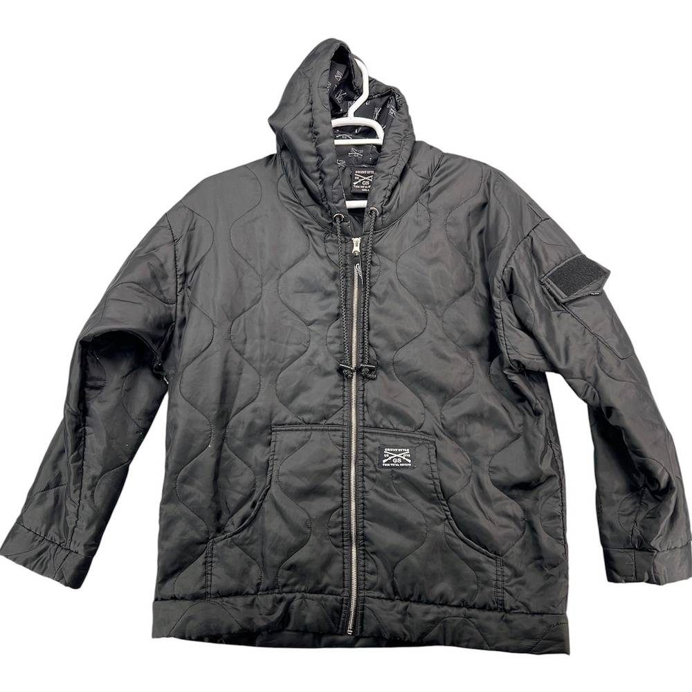 Grunt Style Mens Large Black Quilted Full Zip Hoodie Jacket Tactical Flag Patch